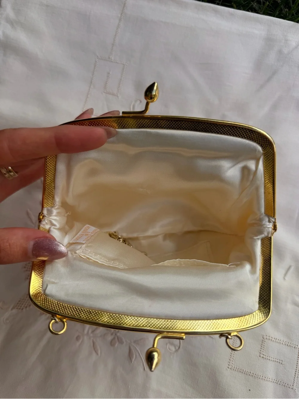 American Vintage White Beaded Evening Clutch with Gold Frame